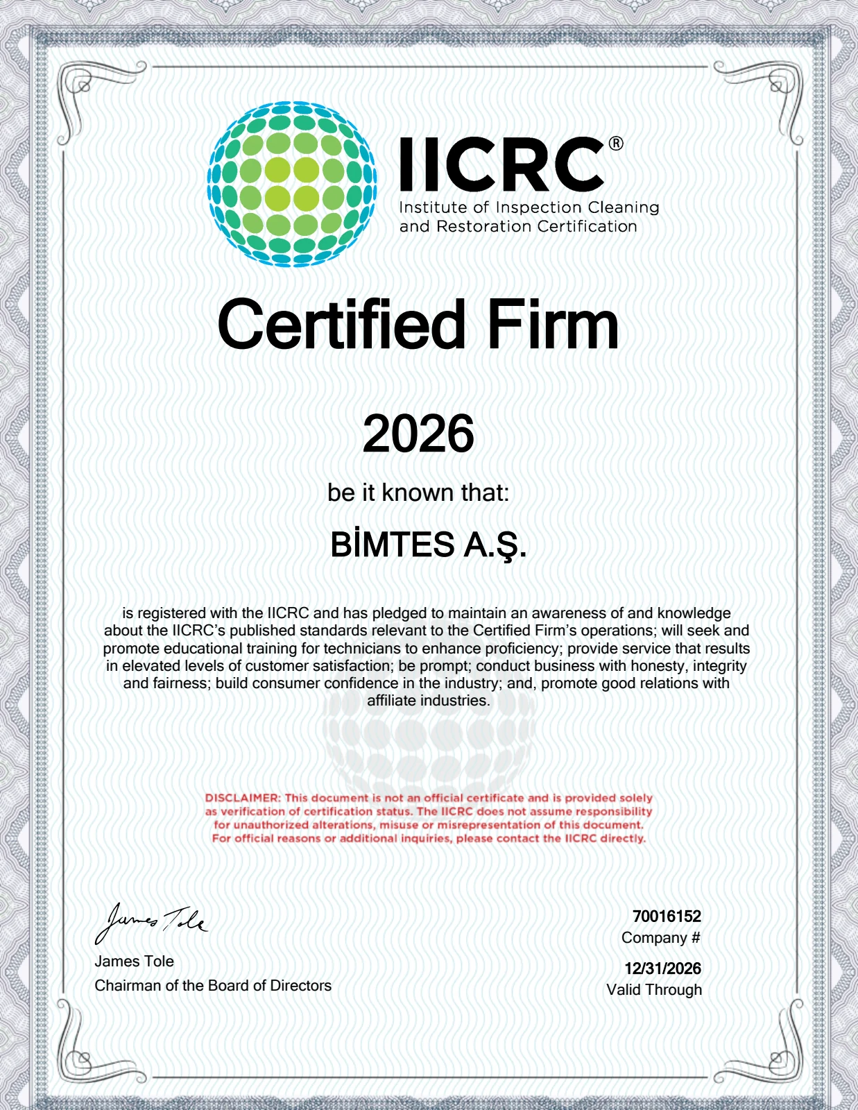 BİMTES A.Ş. IICRC Certified Firm 2026 sertifikası